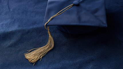 Navy blue graduation cap with gold tassel rests elegantly on deep navy silk fabric, captured in stunning detail under soft studio lighting