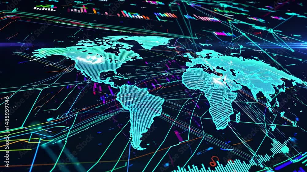 Poster complex network of interconnected nodes spanning a stylized world map, visualizing global data flow 