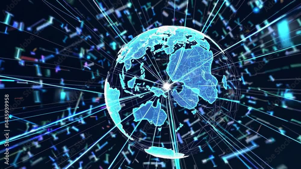 Poster light trails and data are flowing around a rotating planet earth, creating a futuristic and technolo