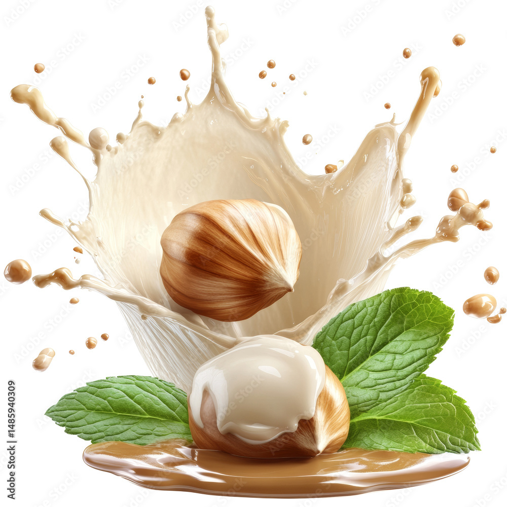 Poster hazelnuts splash with milk and mint leaves, a refreshing nut based creation