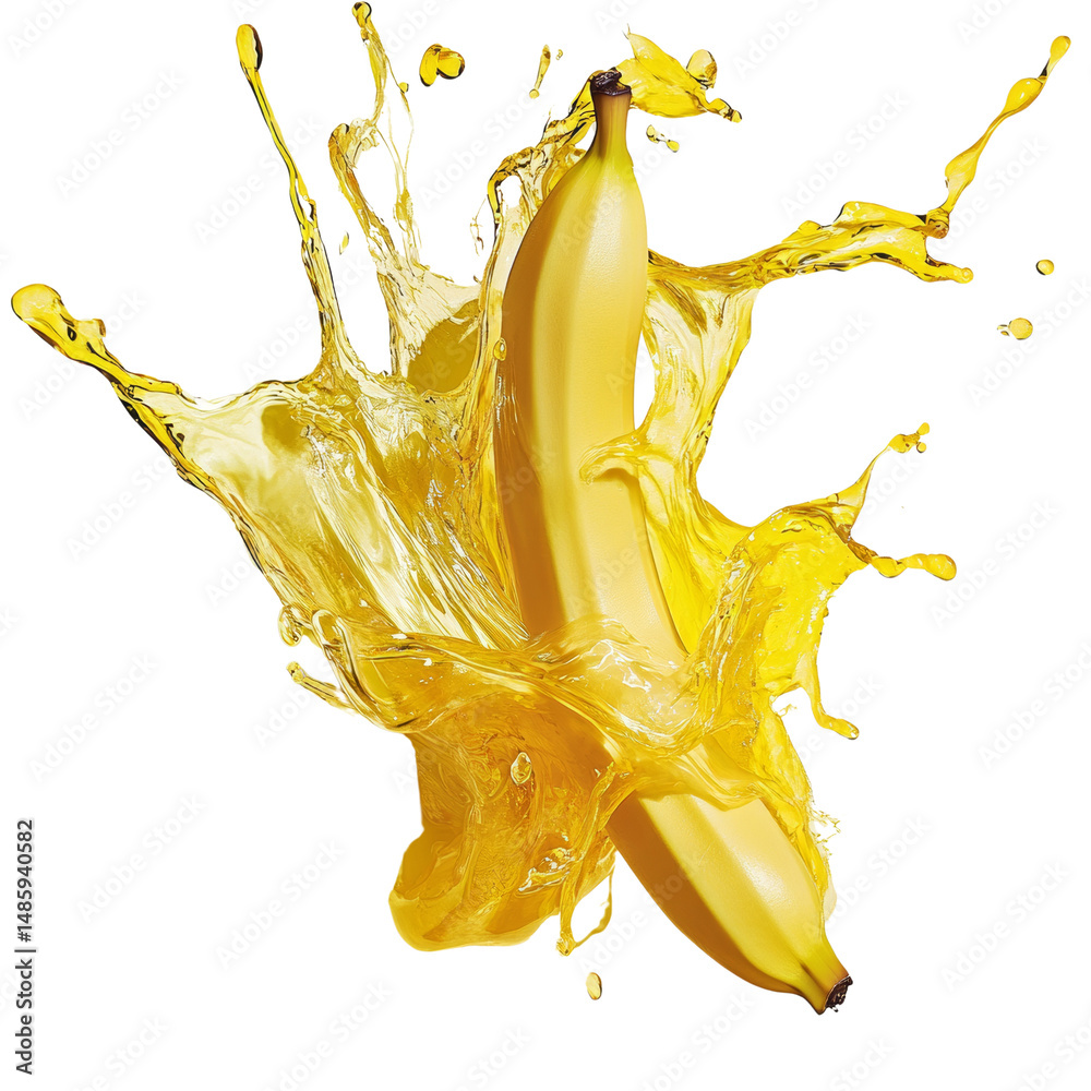 Poster vibrant yellow banana engulfed in a dynamic citrus juice splash isolated
