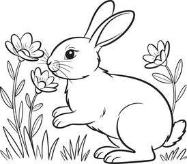 Adorable bunny rabbit sniffing flowers coloring page