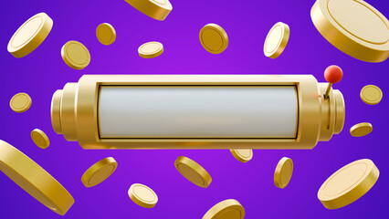 Slot machine with flying golden coins wins the jackpot isolated on a purple background. Golden slot machine wins the jackpot. Casino blank jackpot. Online or mobile games big win concept.