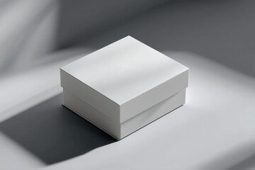 clean minimalist product box mockup with bold sans-serif logo, plain white surface, centered composition, soft lighting
