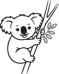 Adorable cartoon koala clinging to a tree branch smiling with leaves simple outline