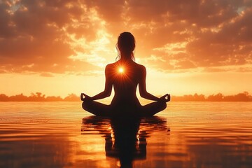 Silhouette of a person meditating in lotus position on water at sunset with golden sky and bright sun glowing at chest level, creating serene and peaceful atmosphere
