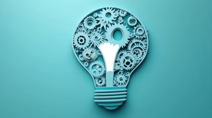 Blue light bulb shape filled with various interlocking mechanical gears and cogs symbolizing creativity and innovation