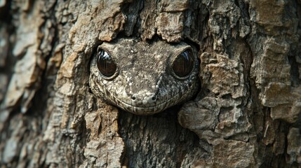 The head of the rare Leaf-tailed gecko is perfectly camouflaged behind tree bark. background wallpaper AI generated image