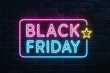 Neon Black Friday Sign Shining Brightly on Brick Wall, a Vivid Reminder of Shopping Deals and Discounts