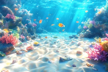 Obraz premium A crystal-clear ocean floor, covered in sand and scattered shells, with vibrant fish swimming above bright coral formations