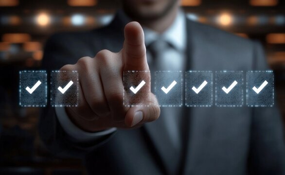 Businessman in suit with extended index finger interacting with virtual checkmark icons on transparent digital interface