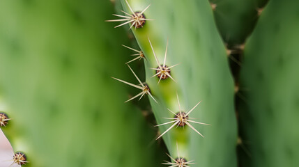 Close-up of large green prickly cactus leaves.