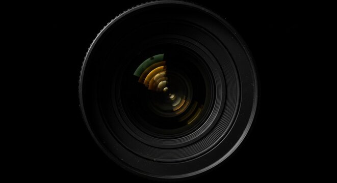 Close-up of camera lens reflecting light patterns against black background