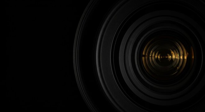 Close-up of camera lens with circular reflection in low light