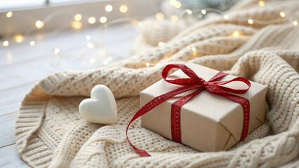 Festive Love: Heart-Shaped Ornament and Gift Box on Soft Winter Knit Fabric