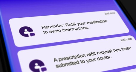 Pharmacy and Prescription reminders incoming messages on smartphone screen, list of scrolling messages with medicine prompts, footage 