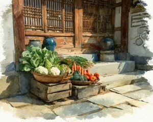 Harvesting fresh vegetables in traditional market outdoor setting colorful display rustic atmosphere