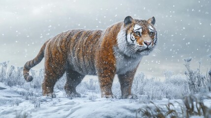 A saber-toothed tiger stands alone in the cold tundra, background wallpaper AI generated image