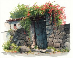 Charming rustic entrance surrounded by bougainvillea quaint village watercolor art serene environment ground level nature's beauty
