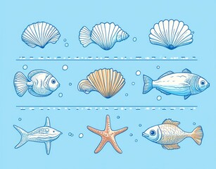 Illustration of various sea creatures including different fish, seashells, and a starfish arranged in a neat grid on a light blue background with bubbles