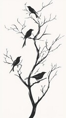Silhouette of birds perched on tree branches