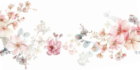 Borde floral de acuarela, tonos rosa pastel y beige sobre un fondo blanco, flores delicadas, dibujadas a mano, estilo clipart con espacio para texto