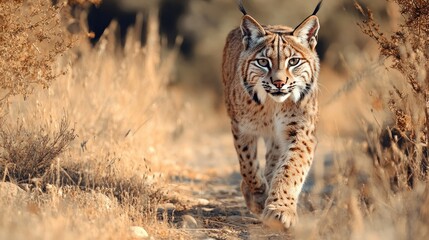 Obraz premium A beautiful Iberian lynx cat through the dry undergrowth, background wallpaper AI generated image