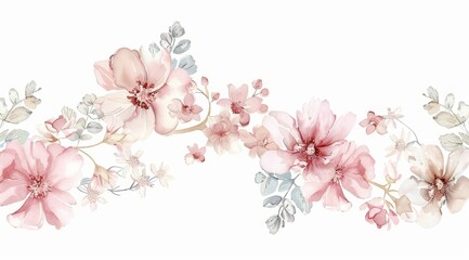 Borde floral de acuarela, tonos rosa pastel y beige sobre un fondo blanco, flores delicadas, dibujadas a mano, estilo clipart con espacio para texto