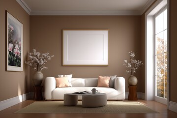 cozy living room wall mockup in mocha mousse color, blank white framed modern artwork, soft pastel accents, minimalist interior, natural lighting