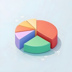 Obraz premium A pastel-colored 3D pie chart is presented, segmented into six distinct sections. The chart is rendered in a clean, modern style, isolated on a light blue background. This visual represents data anal