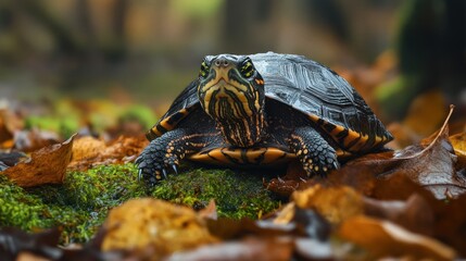 The endangered Swamp Turtle hides among the wet moss and fallen leaves, background wallpaper AI generated image
