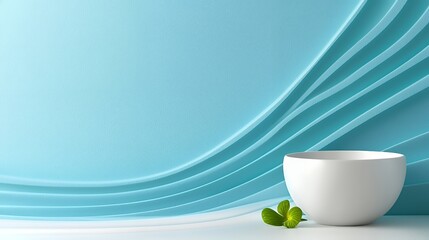 White Bowl with Green Leaves on Light Blue Background