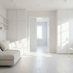 Bright Minimalist White Living Room with Modern Furniture and Sunny Interior