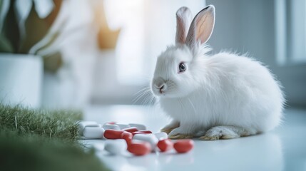 Fluffy White Rabbit and Medicine Healthcare, Veterinary, and Pet Wellness Concept