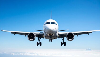 Obraz premium Airplane in the sky, realistic 3D model of plane flying in the sky, tourism and air travel background