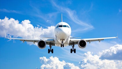 Obraz premium Airplane in the sky, realistic 3D model of plane flying in the sky, tourism and air travel background