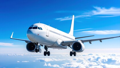 Obraz premium Airplane in the sky, realistic 3D model of plane flying in the sky, tourism and air travel background