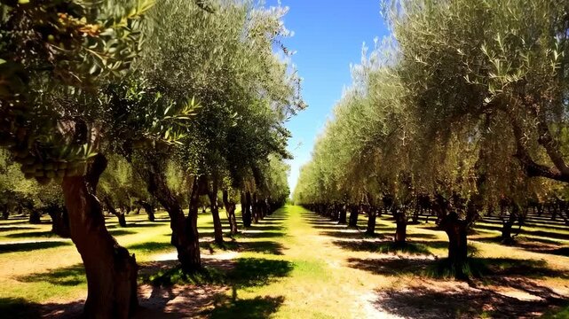 Scenic view of an olive tree plantation with green olives, trees planted in rows, clear sky, sunlit ground cover with grass, agricultural farmland landscape on a sunny day