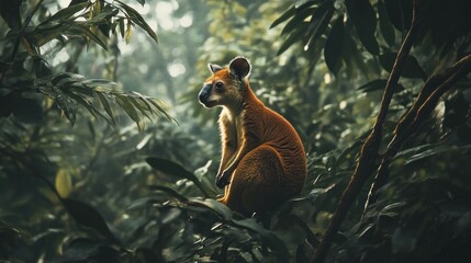 Obraz premium A rare Tree Kangaroo in the dense rainforest trees, background wallpaper AI generated image