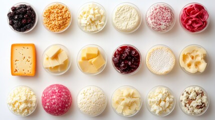 Assorted cheese and charcuterie ingredients in clear bowls on white table..