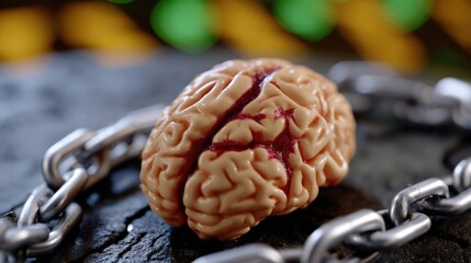 Conceptual Brain Model with Chains Symbolizing Restrained Thoughts