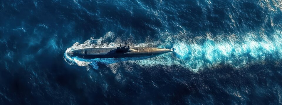 A submarine moving underwater creating a visible trail through deep blue ocean water from an aerial perspective