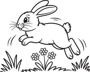 Happy bunny rabbit jumping in spring meadow