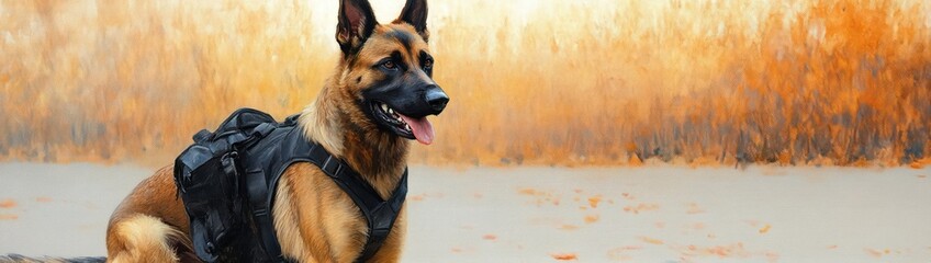 alert german shepherd dog wearing tactical vest standing outdoors against a backdrop of dry grass and warm autumn light