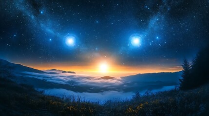 Binary stars blinking across a techno sky