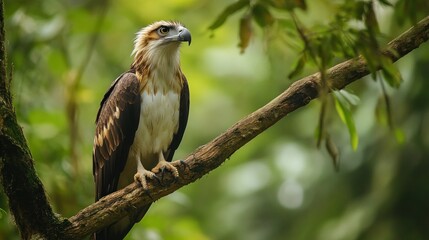 A rare eagle perched on a high tree branch, its sharp gaze surveying the forest, background wallpaper AI generated image