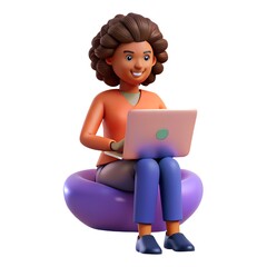 3d Illustration of an Afro-American woman dark curly hair sitting with laptop