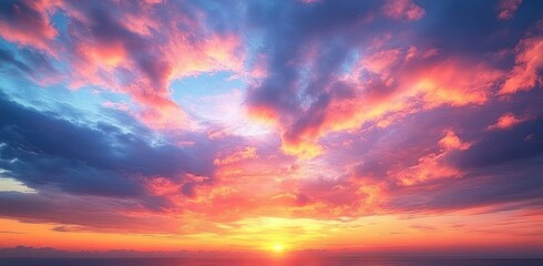 Naklejka premium Vibrant colorful sunset over calm ocean with dramatic pink, purple, and orange clouds spreading across the sky creating serene and awe-inspiring atmosphere
