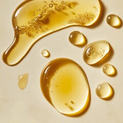 A high-quality flat lay texture shot of natural ingredients: golden honey, olive oil, and macadamia oil. Pools of honey texture.