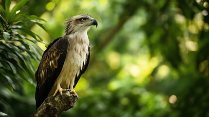 Fototapeta premium A rare eagle perched on a high tree branch, its sharp gaze surveying the forest, background wallpaper AI generated image